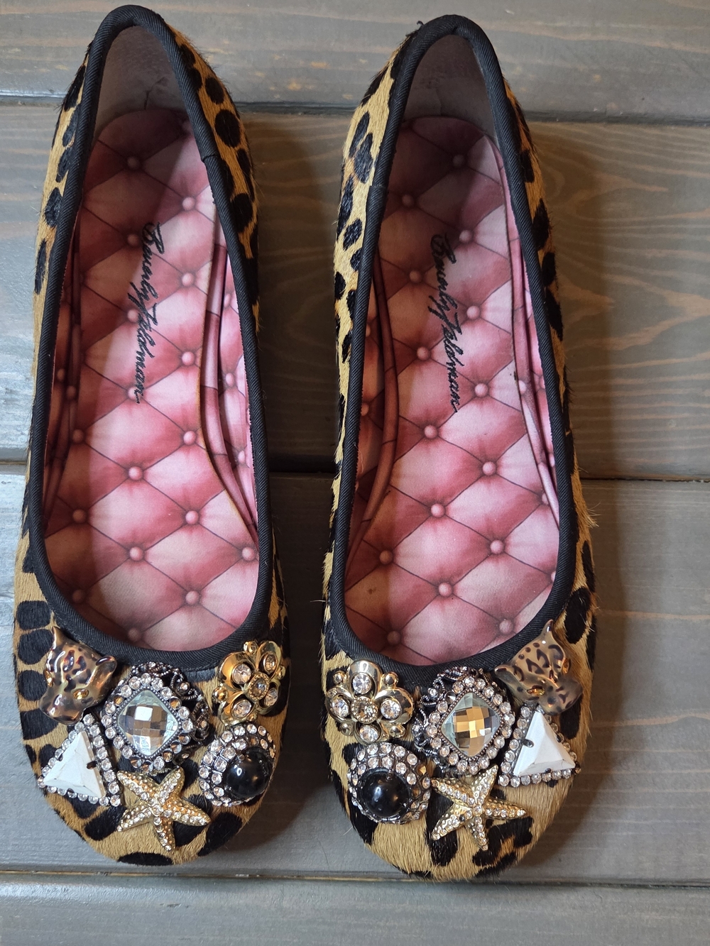 Beverly Feldman Leopard Calf Hair Jeweled Flats 7.5 Embellished Statement Shoes